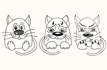 Animal character illustration for children. Hand drawn line drawings of funny kitten