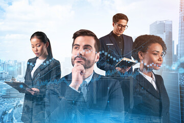 Group of business colleagues working on new venture capital and hi-tech start up and try to...