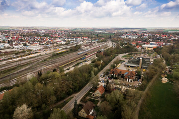 Fototapeta na wymiar Drohnenaufnahme Panorama von der Stadt Crailsheim mit Bahnof