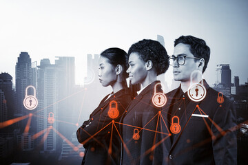 Group of business colleagues as a part of multinational corporate team working on project to...
