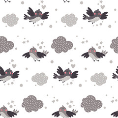 Vector cute seamless pattern with flying birds, clouds in the sky