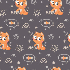 Vector cute seamless pattern with cats in love, flowers, spring, heart, valentine's day, fish, rainbow