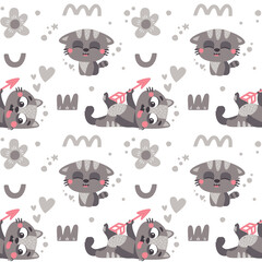 Vector cute seamless pattern with cats in love, flowers, spring, heart, valentine's day