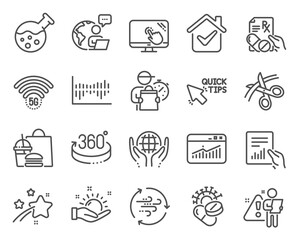 Science icons set. Included icon as 5g wifi, 360 degrees, Website statistics signs. Wind energy, Coronavirus pills, Touch screen symbols. Column diagram, Scissors, Organic tested. Document. Vector