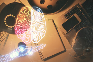 Double exposure of brain sketch and table top veiw. Concept of data analysis.