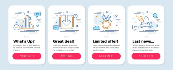 Set of Business icons, such as Honor, Roller coaster, Load document symbols. Mobile app mockup banners. Flood insurance line icons. Medal, Attraction park, Download arrowhead. Full coverage. Vector