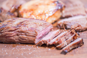 Closeup carnivore diet. Meat heal idea. Plant-free. Non-vegan. Healthy nutrition food.