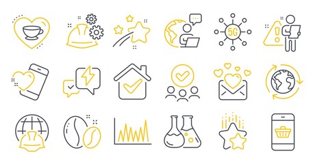 Set of Business icons, such as Approved group, Coffee beans, Global engineering symbols. Love mail, Line graph, Outsourcing signs. Love coffee, 5g technology, Heart. Working process. Vector