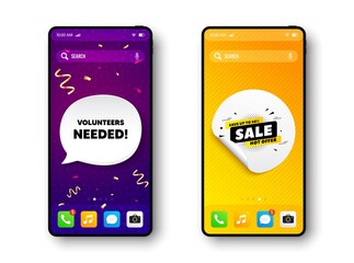 Sale 50 percent off banner. Phone mockup vector confetti banner. Discount sticker shape. Coupon tag icon. Social story post template. Volunteers needed speech buuble. Cell phone frame banner. Vector