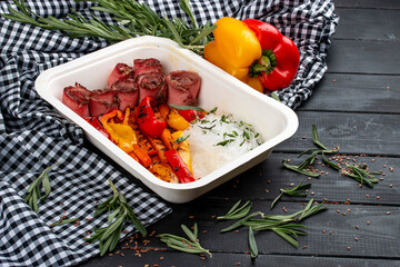 Funchoza with veal in chili sauce. Diet and healthy food  in eco containers. Takeaway.