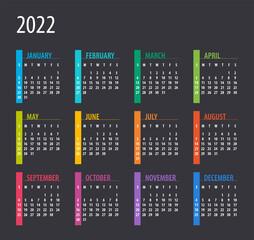 2022 Calendar - illustration. Template. Mock up. Week starts on Sunday