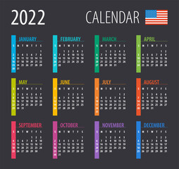 2022 Calendar - illustration. Template. Mock up. American version