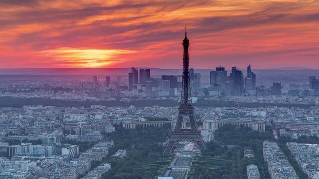 Panorama of Paris at sunset timelapse. Eiffel tower view from montparnasse building in Paris - France