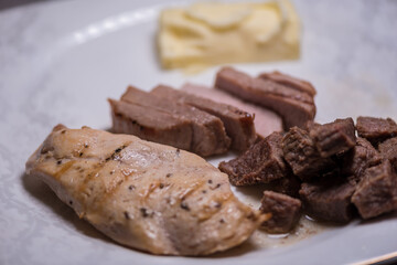 Closeup carnivore diet. Meat heal idea. Plant-free. Non-vegan. Healthy nutrition food.