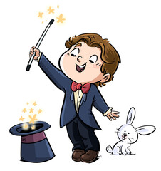 Illustration of magician boy with hat and rabbit - obrazy, fototapety, plakaty