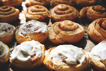 Cinnamon rolls, homemade cakes straight from oven.