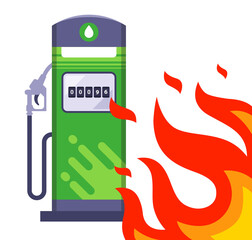 big fire next to the gas station. through the sound situation next to the gas station. flat vector illustration.