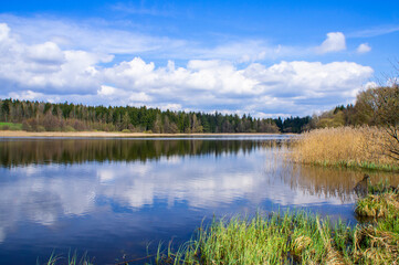 Landscape view of the blue river in summer