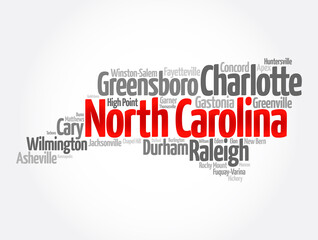 Obraz premium List of cities in North Carolina USA state, map silhouette word cloud map concept background