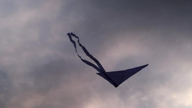 Blue kite soars in the sunset sky. Man rules kite. The concept of freedom, summer hobbies, entertainment in nature. Minimalism, space for text, shades of blue. Silhouette	
