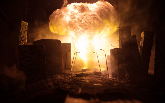 Nuclear war concept. Explosion of nuclear bomb. Creative artwork decoration in dark.