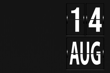 August 14th. Day 14 of month, Calendar date. Calendar in the form of a mechanical scoreboard tableau. Summer month, day of the year concept.
