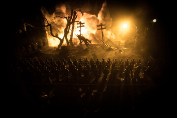 War Concept. Military silhouettes fighting scene on war fog sky background, World War Soldiers...