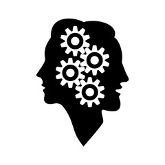 Gear wheel symbol in the head of a thinking silhouette woman and man. Mental health design template. Vector clipart and drawing. Black and white isolated illustration.