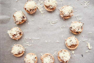 French food julienne in a circle. Top view, copy space.
