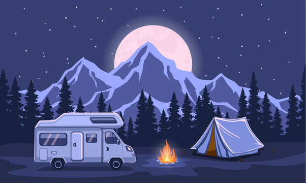 Family adventure camping evening scene. Caravan camper motorhome rv traveller journey to mountains. Pine forest and rocky mountains background, starry night sky with moonlight