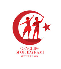 19 mayis Ataturk'u Anma, Genclik ve Spor Bayramiz , translation: 19 may Commemoration of Ataturk, Youth and Sports Day, graphic design to the Turkish holiday, children logo. vector illustration 