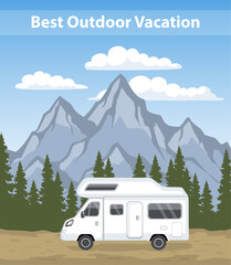 Obraz premium Family vacation Road trip .camper motorhome rv traveler journey to mountains. Pine forest and rocks background