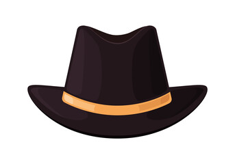 Hat top. Black bowler of gentleman. Icon of vintage hat for english man. Elegant bowler for british mister. Magician cap isolated on white background. Logo of head clothes. Hipster symbol. Vector.