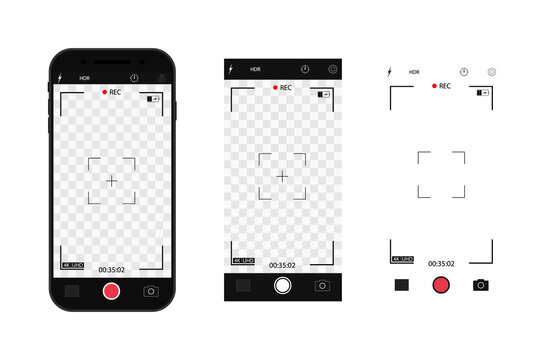 Camera interface in phone screen. Photo, video ui in cellphone. App for record from mobile cam. Viewfinder, grid, focus, button and rec. Smartphone mockup for photography, selfie and video. Vector