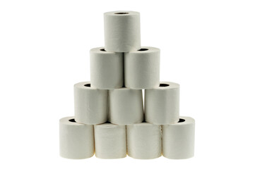 Pyramide de papier toilette en gros plan sur fond blanc