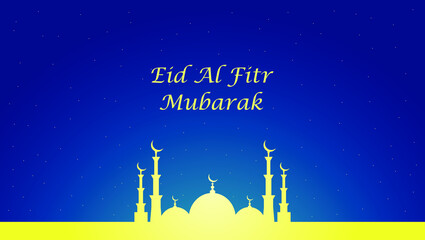 Vector Illustration of Eid Al Fitr Mubarak Greeting. Eid Al Fitr Mubarak Banner with Glowing Gold Mosque and Starry Night Sky. 