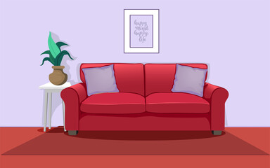flat Living Room with red sofa vector illustration