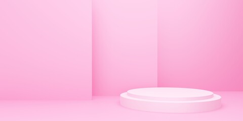 Naklejka na ściany i meble 3d rendering of empty pink podium abstract minimal background. Scene for advertising design, cosmetic ads, show, technology, food, banner, cream, fashion, kid, luxury. Illustration. Product display