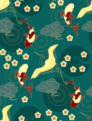 Chinese seamless pattern in traditional asian style. Cranes, koi fishes, flowers and clouds. China design