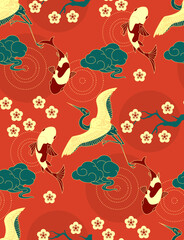 Chinese seamless pattern in traditional asian style. Cranes, koi fishes, flowers and clouds. China design