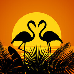 romantic silhouettes background with two flamingos and tropical leaves