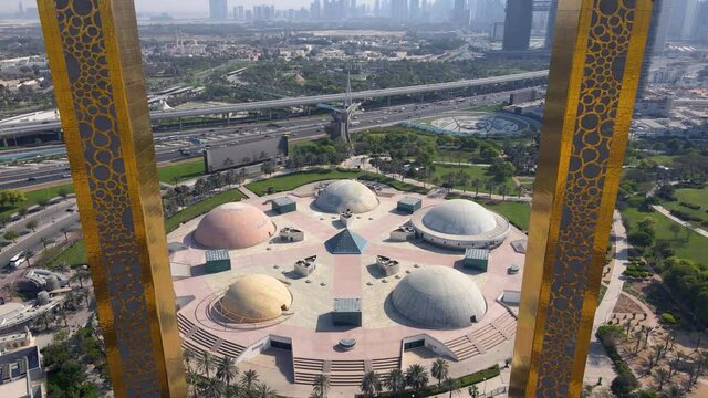 Dubai Frame building with Zabeel park and Dubai skyline aerial view