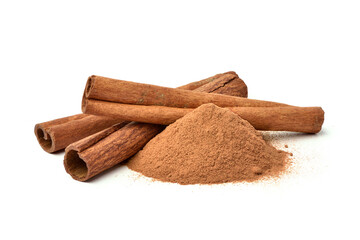 Aromatic cinnamon powder with sticks on white background.