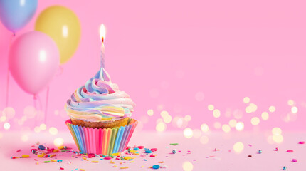 Birthday - Cupcake With Candle And Pink Decoration 