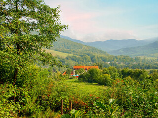 Transcarpathia, Ukraine, view from the mountain to the countryside