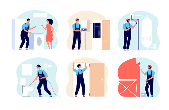 Home masters work. Professional master, repairman with equipment. Engineers or carpenter, person with repair tools. Men builds utter vector concept