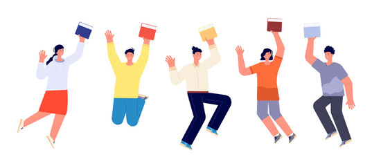Fototapeta na wymiar Happy students with books. Jump student, book flat college teenagers. Smiling school boy girl. Isolated readers jumping utter vector concept