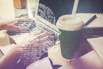 Double exposure of woman hands working on computer and brain hologram drawing. Ai concept.
