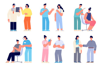 Doctor and patients. Doctors with patient, medic speaking with people. Hospital team consult, healthcare clinic vaccination utter vector characters