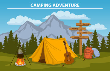 Campsite with  camping tent, rocky mountains, pine forest, guitar, pot, campfire, hiking backpacks , directional sign. outdoor tourism scene - obrazy, fototapety, plakaty